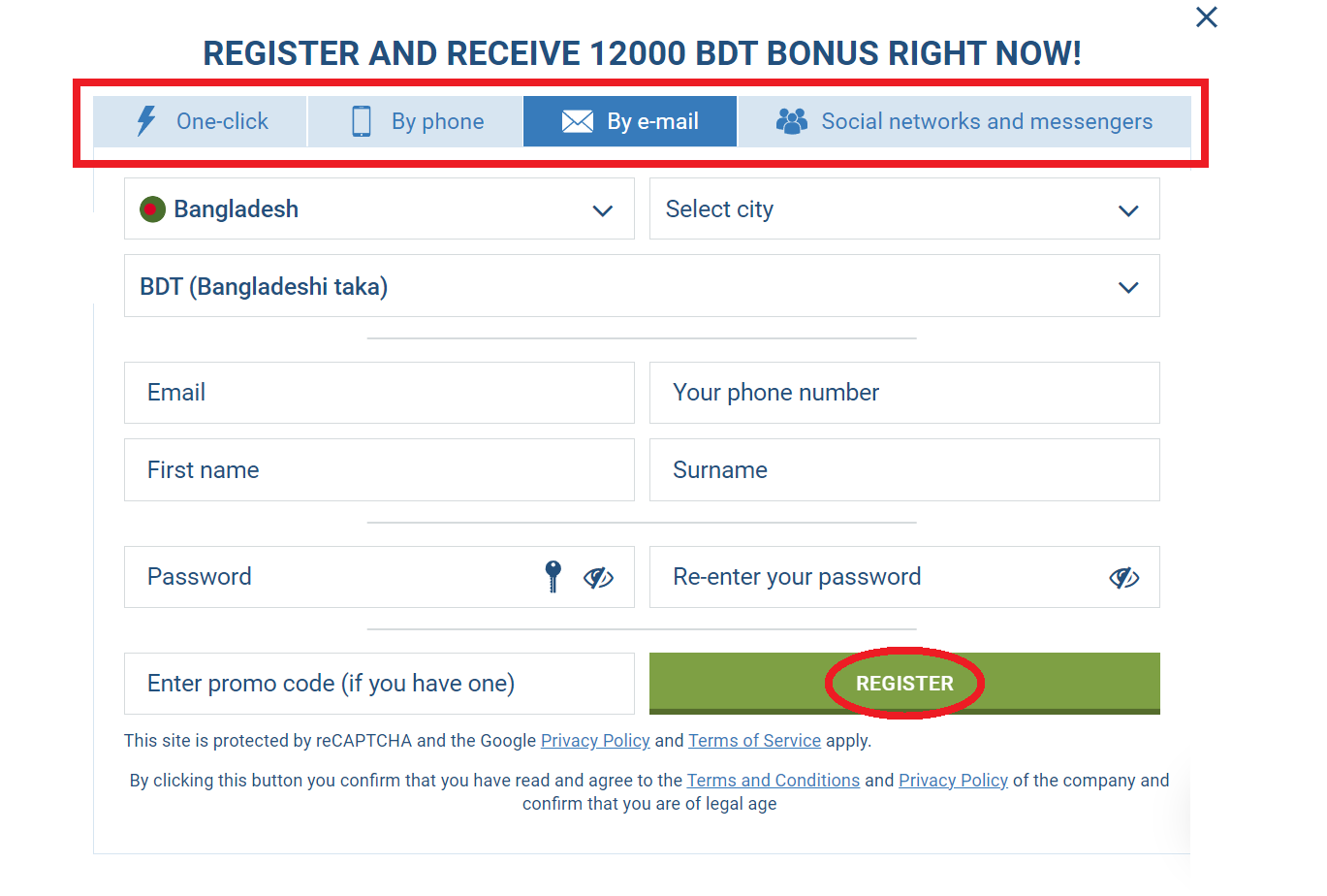 1xBet registration bd via email