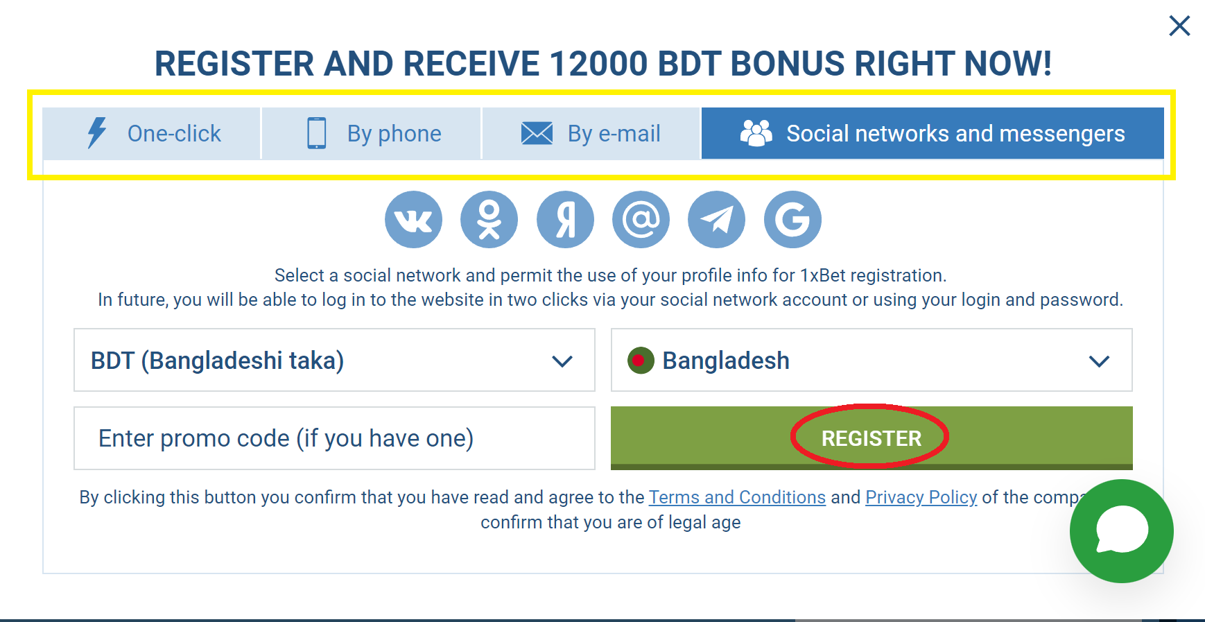 1xBet registration bd via messengers and social networks